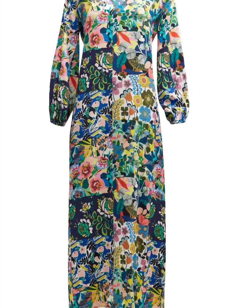 Front of a size L Puff Sleeve Maxi Dress Cover Up in Blue Multi in Blue Multi by Johnny Was. | dia_product_style_image_id:339462